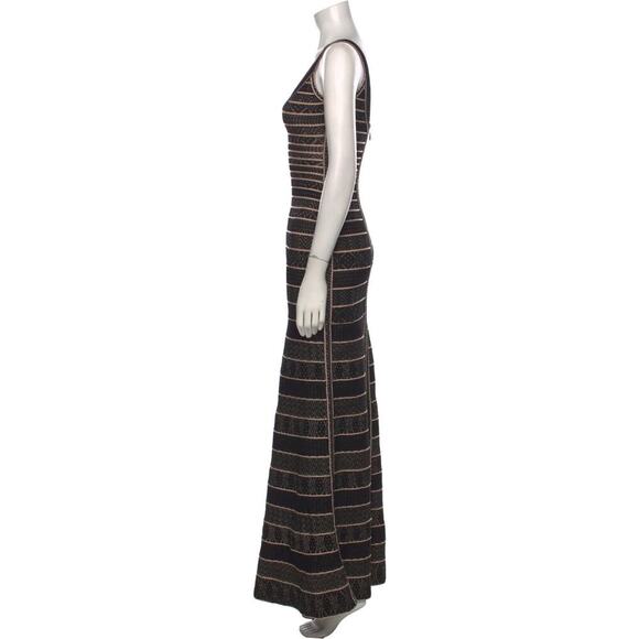 NWOT Herve Leger Filipa Knit Stripe Maxi Dress Gown Size XS Black Beige #1B458 - Picture 3 of 14